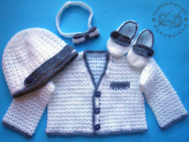 komplet na szydełku niemowlęcy dla niemowlaka chłopca rękodzieło czapeczka buciki muszka sweterek