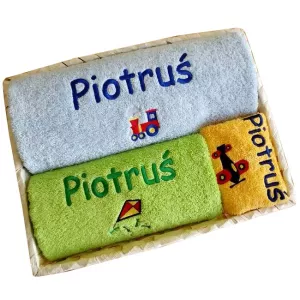 Embroidered towels in basket