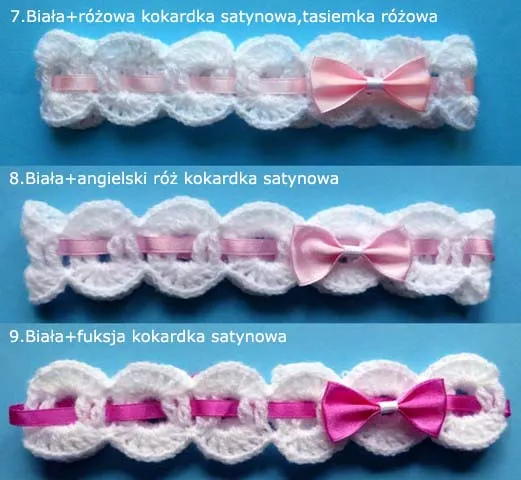 Opaski szydełkowe - KOLEKCJA KOKARDKI opaska szydełkowa niemowlęca z kokardką na chrzest do chrztu narodziny roczek sesja foto prezent baby shower pępkowe dla noworodka niemowlę niemowląt