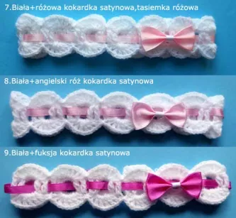 Opaski szydełkowe - KOLEKCJA KOKARDKI opaska szydełkowa niemowlęca z kokardką na chrzest do chrztu narodziny roczek sesja foto prezent baby shower pępkowe dla noworodka niemowlę niemowląt