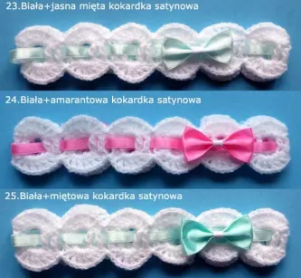 Opaski szydełkowe - KOLEKCJA KOKARDKI opaska szydełkowa niemowlęca z kokardką na chrzest do chrztu narodziny roczek sesja foto prezent baby shower pępkowe dla noworodka niemowlę niemowląt