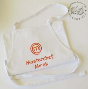 Biały fartuch z haftem Masterchef Mirek