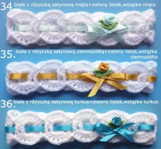 Opaski szydełkowe - KOLEKCJA KWIATY opaska szydełkowa niemowlęca na z różyczką chrzest do chrztu narodziny roczek sesja foto prezent baby shower pępkowe dla noworodka niemowlę niemowląt