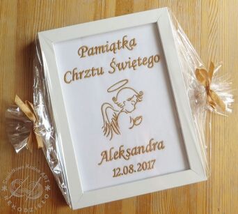 Haftowana Pamiątka Chrztu w ramce - prezent na Chrzest, Chrzciny