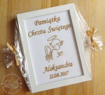 Haftowana Pamiątka Chrztu w ramce - prezent na Chrzest, Chrzciny