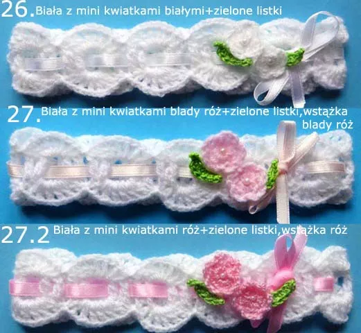 Opaski szydełkowe - KOLEKCJA KWIATY opaska szydełkowa niemowlęca na z kwiatkiem chrzest do chrztu narodziny roczek sesja foto prezent baby shower pępkowe dla noworodka niemowlę niemowląt