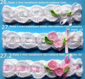 Opaski szydełkowe - KOLEKCJA KWIATY opaska szydełkowa niemowlęca na z kwiatkiem chrzest do chrztu narodziny roczek sesja foto prezent baby shower pępkowe dla noworodka niemowlę niemowląt