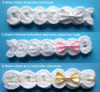 Opaski szydełkowe - KOLEKCJA KOKARDKI opaska szydełkowa niemowlęca z kokardką na chrzest do chrztu narodziny roczek sesja foto prezent baby shower pępkowe dla noworodka niemowlę niemowląt