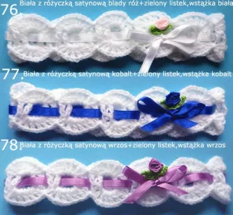 Opaski szydełkowe - KOLEKCJA KWIATY opaska szydełkowa niemowlęca na z różyczką chrzest do chrztu narodziny roczek sesja foto prezent baby shower pępkowe dla noworodka niemowlę niemowląt