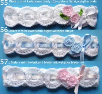 Opaski szydełkowe - KOLEKCJA KWIATY opaska szydełkowa niemowlęca na z kwiatkiem chrzest do chrztu narodziny roczek sesja foto prezent baby shower pępkowe dla noworodka niemowlę niemowląt